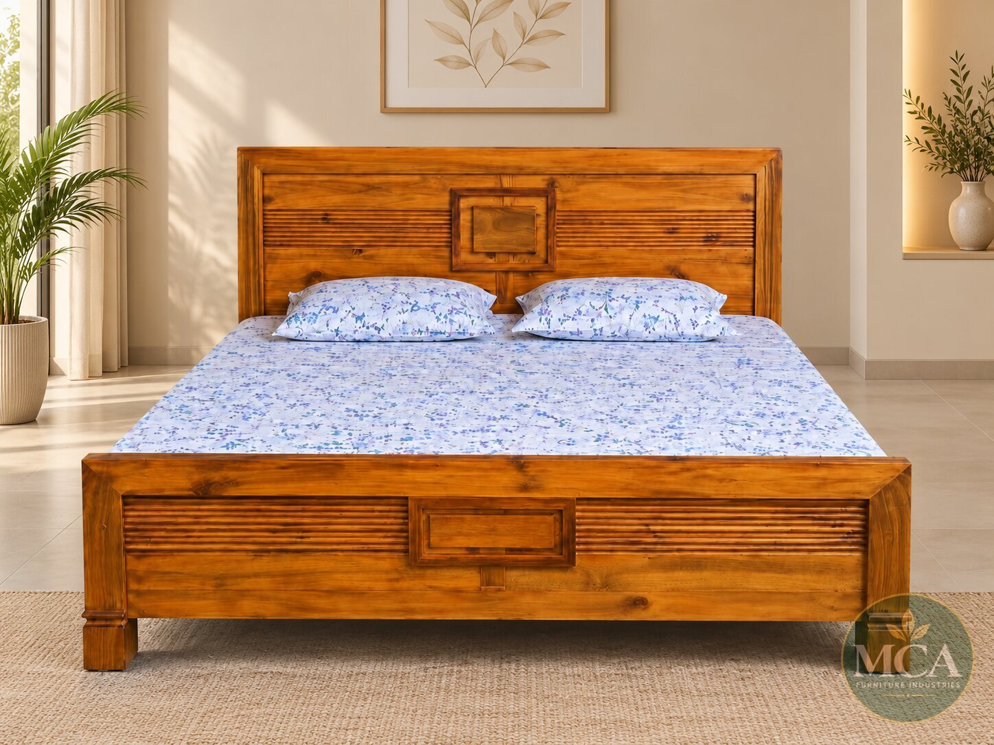 Teak wood bed by MCA Furniture Industries in a warm modern showroom